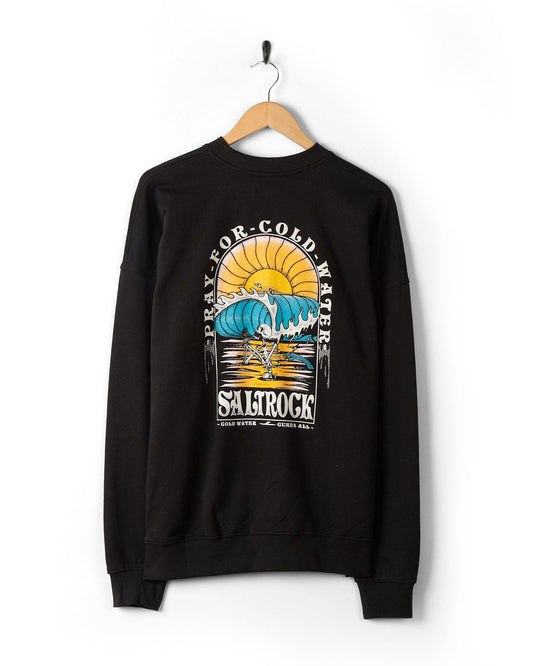 A Cold Water - Mens Sweat - Black sweatshirt with graphics of a surfboard by Saltrock.