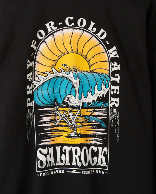 A black hoodie with graphics of a skeleton and a surfboard, Cold Water - Mens Sweat - Black by Saltrock.