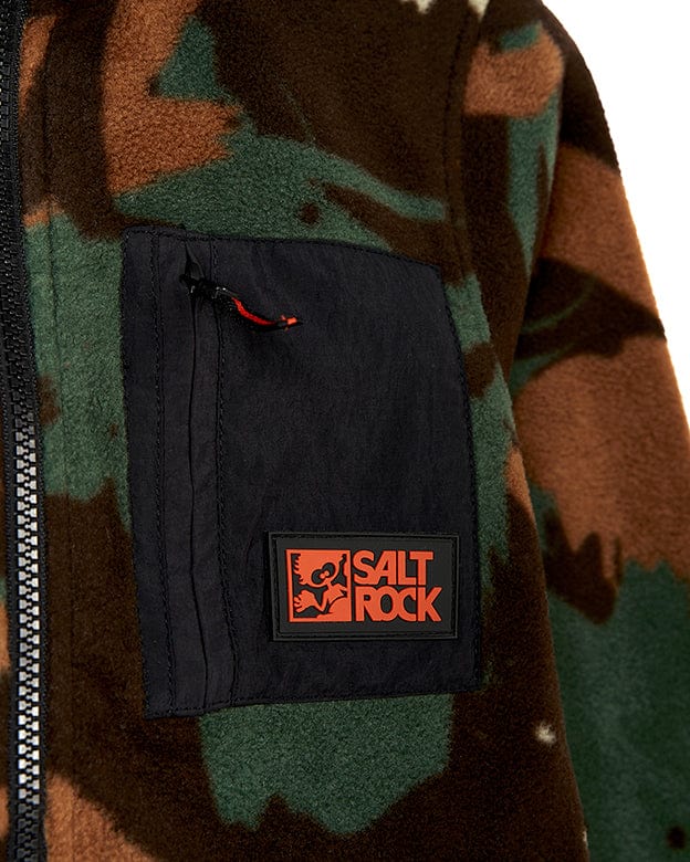 A Communicado - Kids Camo Zip Fleece - Dark Green jacket with the Saltrock logo on it.
