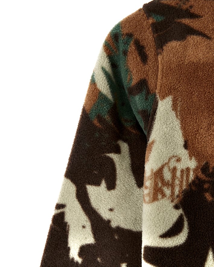 A Communicado Kids Camo Zip Fleece - Dark Green jacket with a camouflage pattern. (Brand: Saltrock)