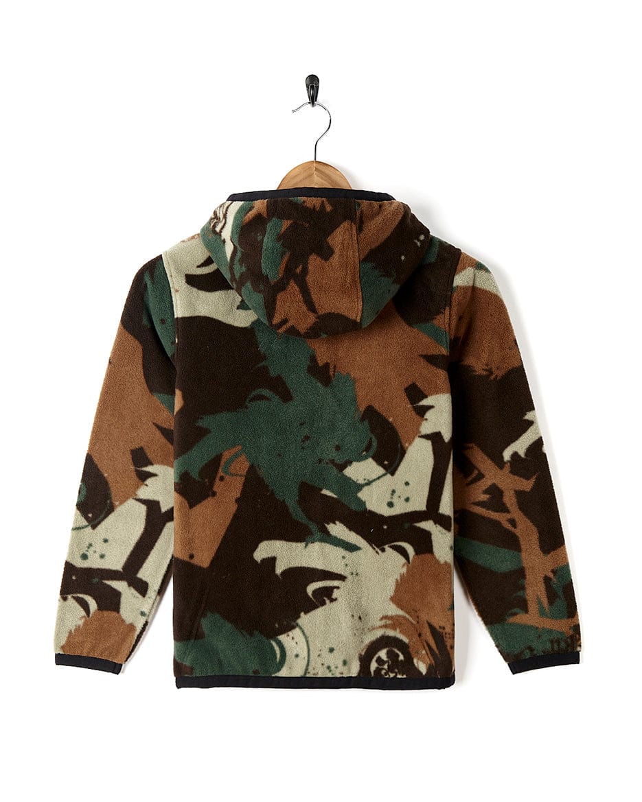A Communicado - Kids Camo Zip Fleece - Dark Green hoodie by Saltrock on a hanger.