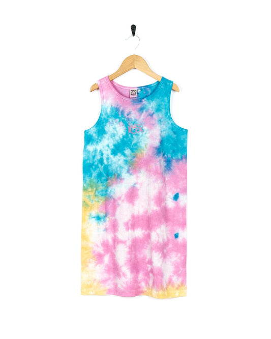 A Saltrock Coralia - Kids Tie Dye Midi Dress - Pink hanging on a hanger.