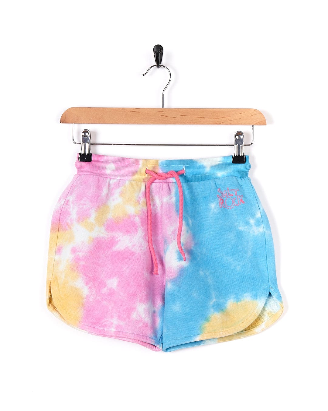 A Saltrock - Kids Tie Dye Sweat Short - Pink with pink, blue and yellow stripes.