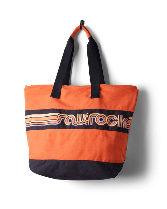 Orange and black durable Cora Retro Beach Bag - Coral with a Saltrock logo on a white background.
