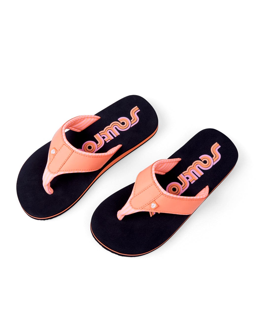 A pair of Saltrock Cora Retro - Womens Flip Flops in Black/Peach with an ergonomic upper and the word "summer" printed on the insole, isolated on a white background.