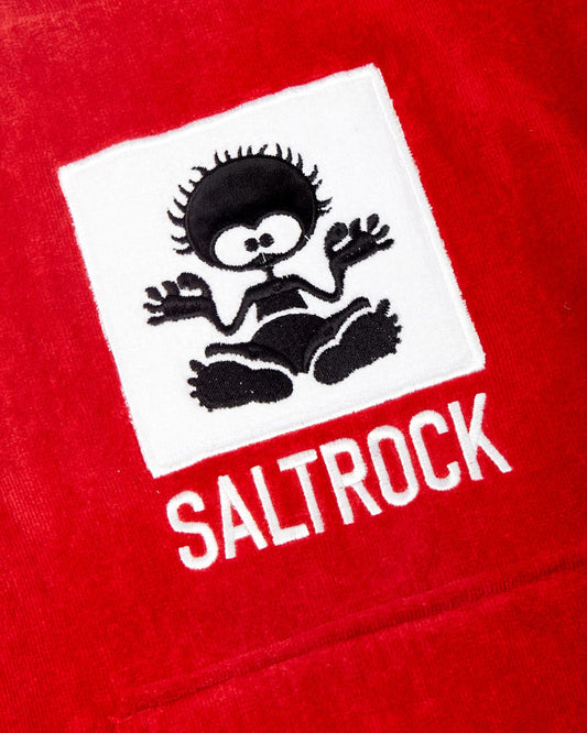 Logo of Saltrock Corp - Kids Changing Robe - Red featuring a stylized black figure on a white square, on a red textile background.