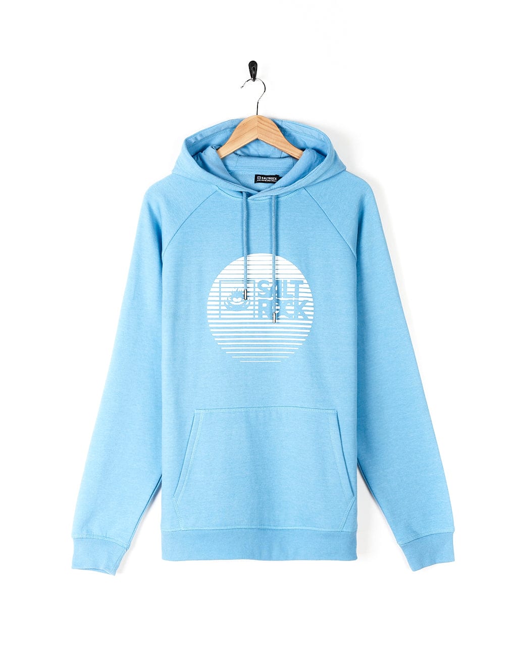 A Corp Logo Fade - Mens Hoodie - Light Blue with the Saltrock logo on it.