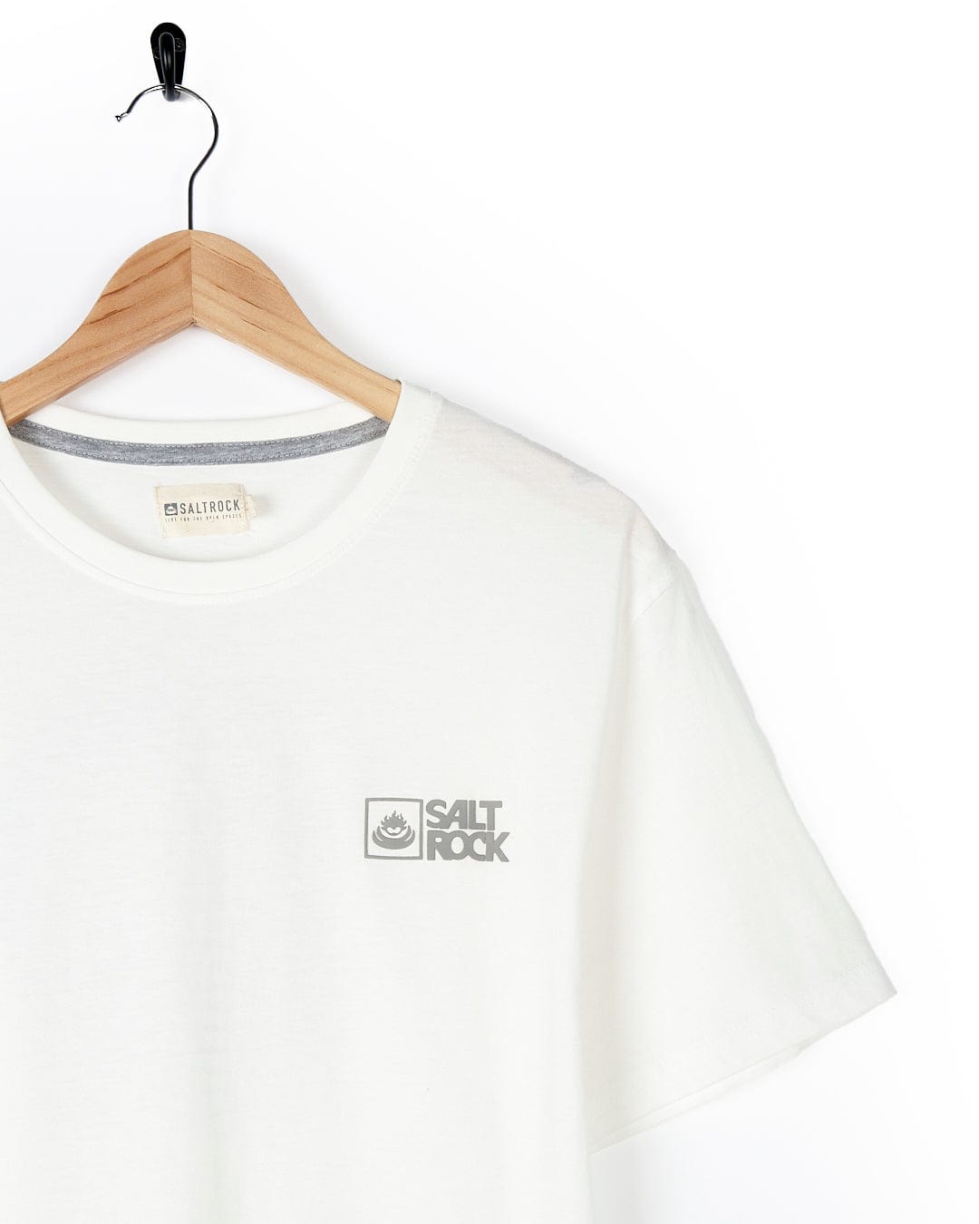 A Saltrock Corp Logo Fade - Mens Short Sleeve Tee - White with a logo on it.