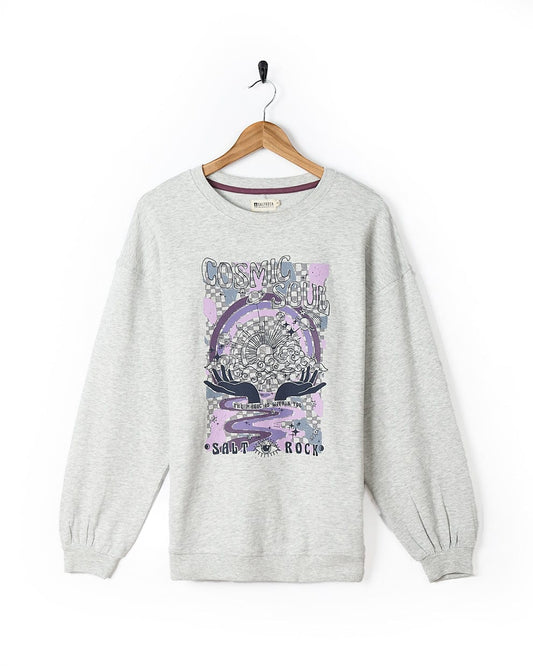 A comfortable Cosmic Soul - Womens Longline Sweat - Light Grey sweatshirt with a stylish purple design. (Brand: Saltrock)