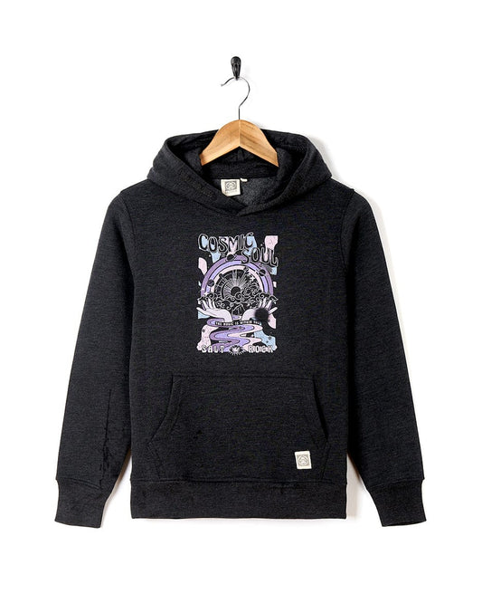 The Cosmic Soul - Kids Hoodie - Dark Grey features a printed design of a cat, wearing the iconic Saltrock branding, on a black hoodie.