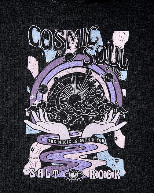 Printed design on the Cosmic Soul - Kids Hoodie - Dark Grey featuring Saltrock branding.