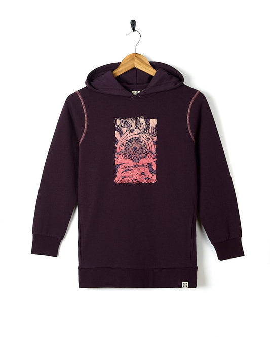 A Cosmic Soul - Kids Pop Longline Hoodie - Dark Purple with a graphic of a dragon for outdoor fun.