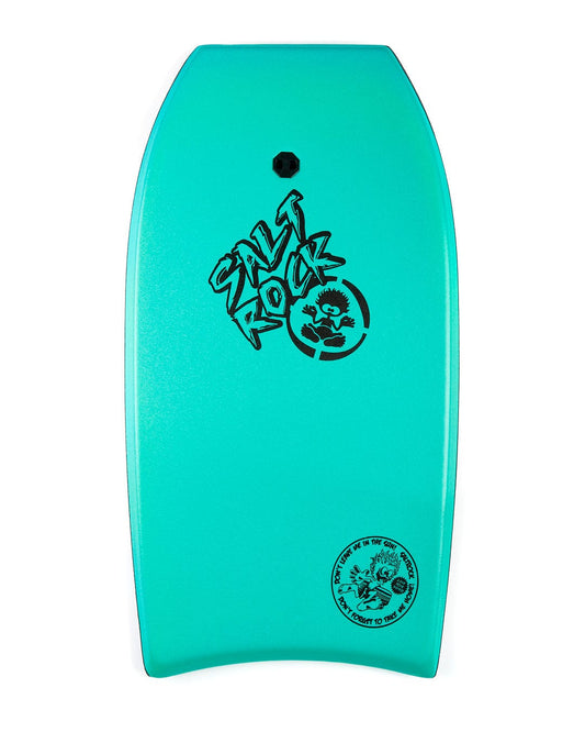 A Saltrock Creeper 37" Bodyboard - Turquoise with a logo on it.