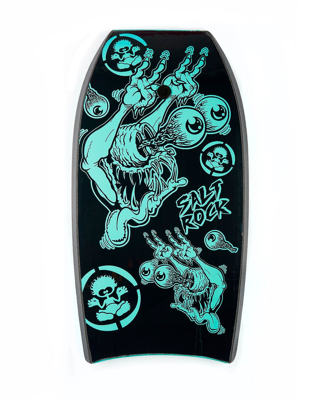 A Saltrock Creeper 37" Bodyboard - Turquoise with a skull design on it.