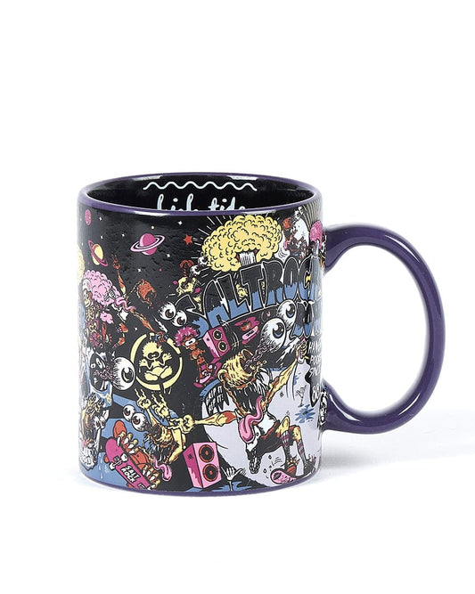 A Creeper Encore - Mug - Black manufactured by Saltrock is a microwave safe ceramic mug with a colorful design on it.