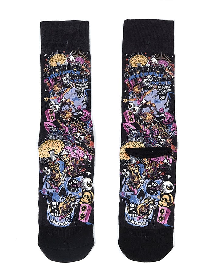 A pair of Creeper Encore - Kids Socks - Black socks with colorful designs on them from the brand Saltrock.