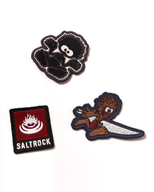 A set of stylish Tok Patches - 3 Pack - Black featuring an embroidered bear and teddy bear - an instant cool upgrade by Saltrock.