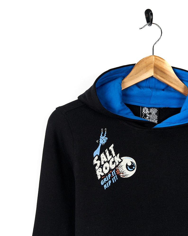 An adventure-ready black and blue Creepshow - Kids Pop Hoodie - Black adorned with Saltrock branding.