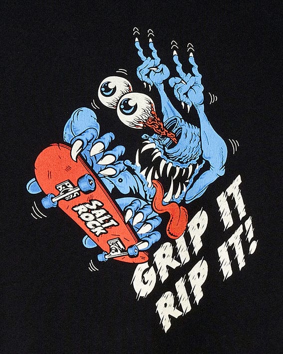 A black t-shirt featuring Saltrock branding and the phrase "grip it rip" has been replaced by a Creepshow - Kids Pop Hoodie - Black featuring Saltrock branding and the phrase "grip it rip".