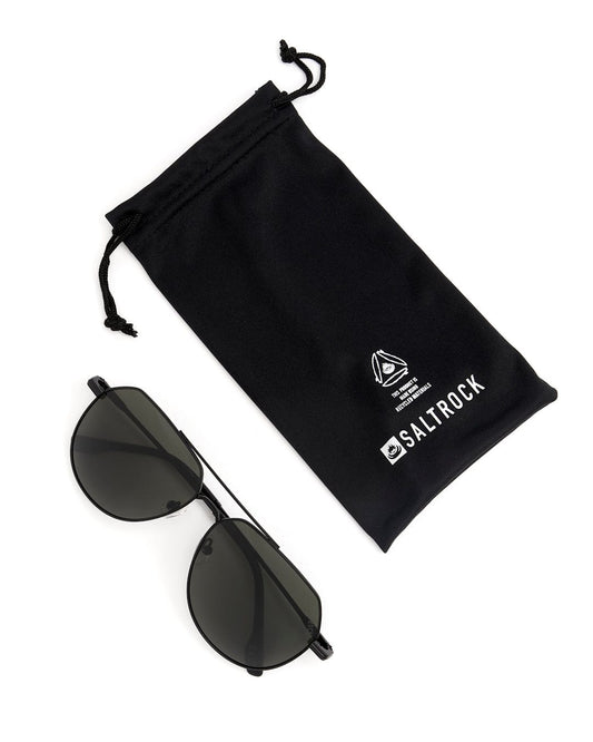 A pair of Saltrock Cruiser - Aviator Polarised Sunglasses in black with UV protection and a black pouch.