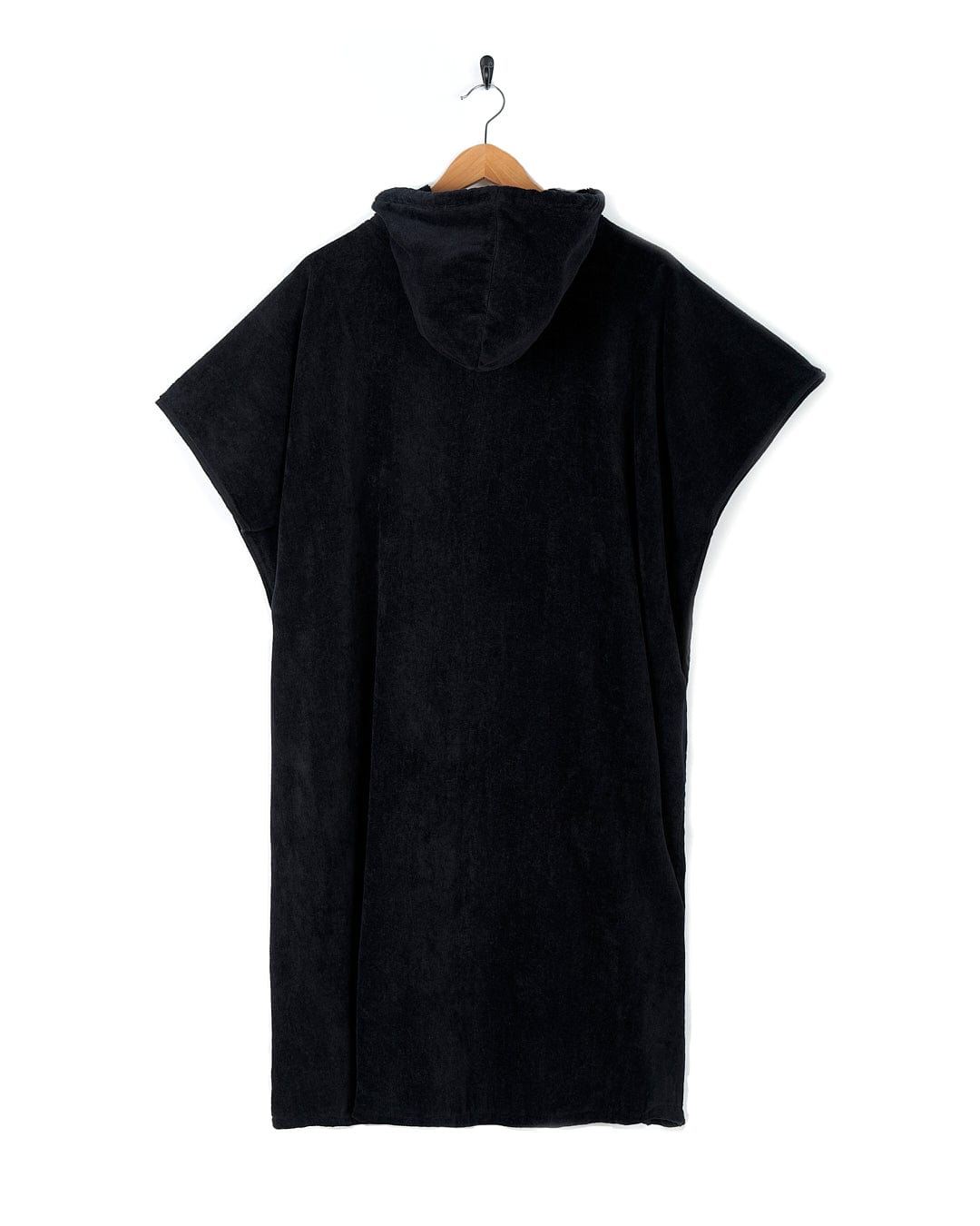 A Saltrock Corp - Changing Towel - Black/Red hooded towel hanging on a hanger.