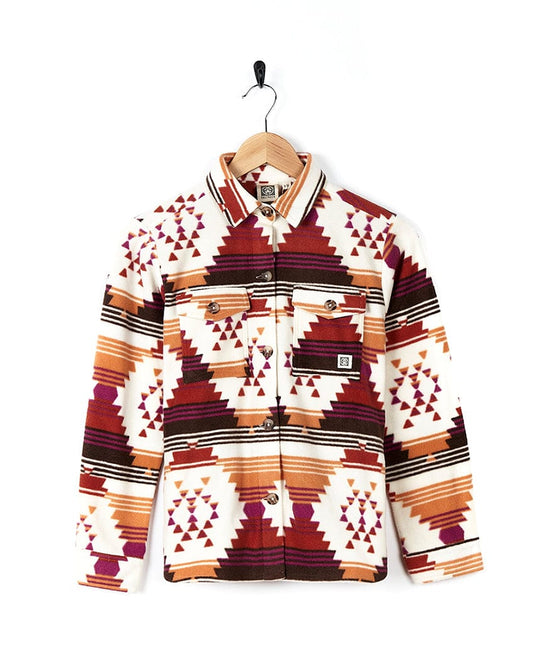 A Dallyn - Kids Aztec Fleece Shacket - Orange from Saltrock, perfect for versatile styling options.