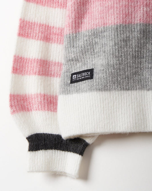 A washable sweater with pink, grey, and white stripes - Darcy - Womens Knitwear - White by Saltrock.