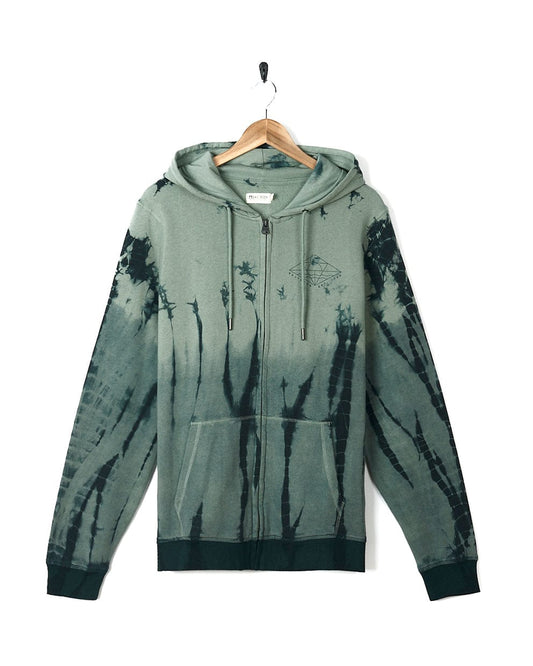 A Dimensions - Mens Zip Tie Dye Hoodie - Green with Saltrock graphics on a hanger.
