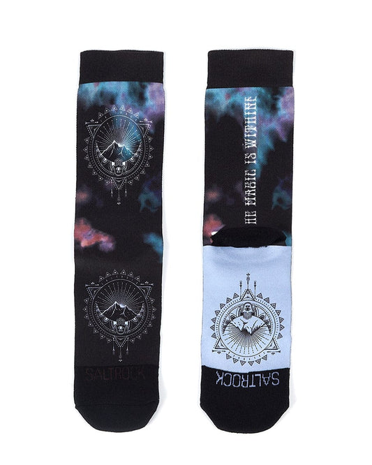 A pair of Dreamscape - Womens Socks - Black with a galaxy design on them by Saltrock.