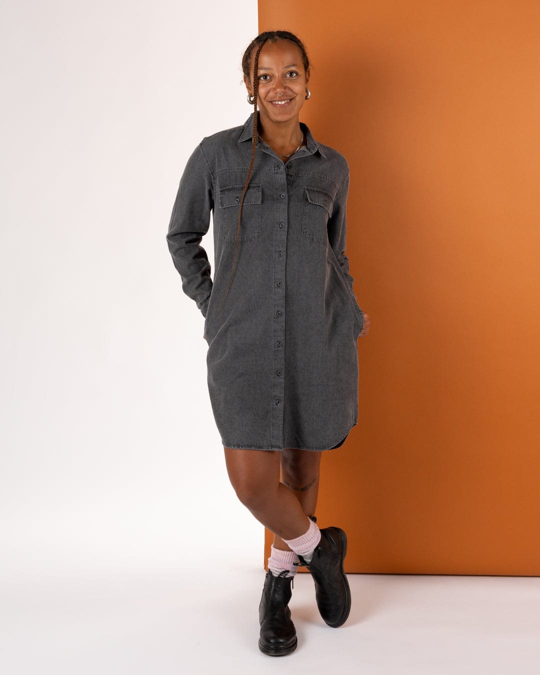 Lori - Womens Washed Denim Dress - Black