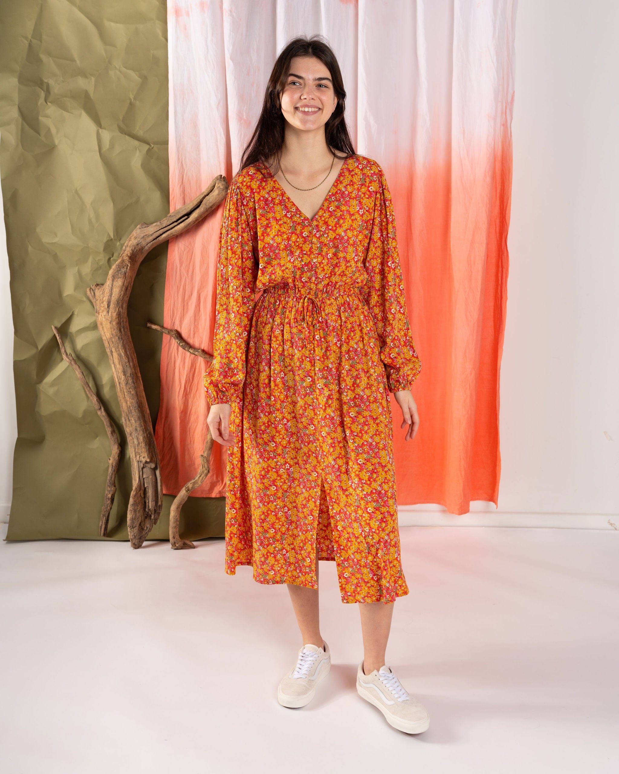Nova - Womens Floral Midi Dress - Coral
