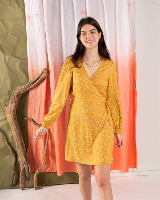 Drew - Womens Ditsy Floral Wrap Dress - Gold
