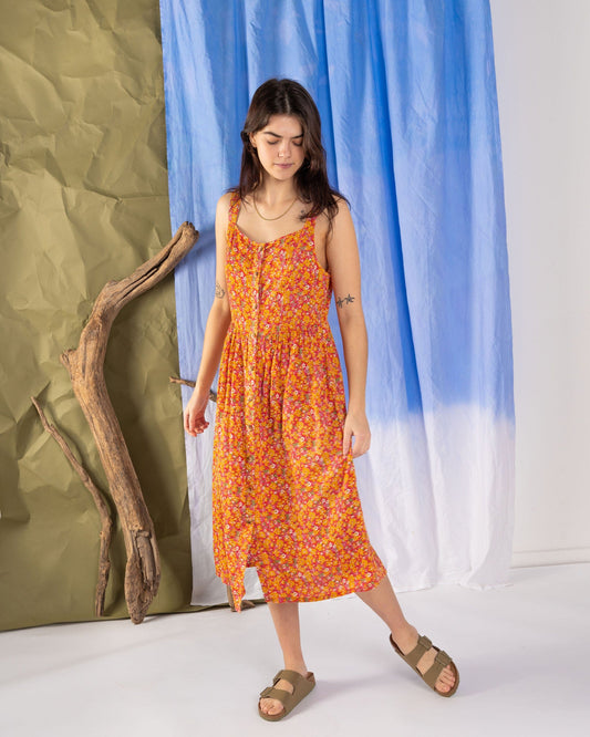 Emmy - Womens Strappy Floral Midi Dress - Coral