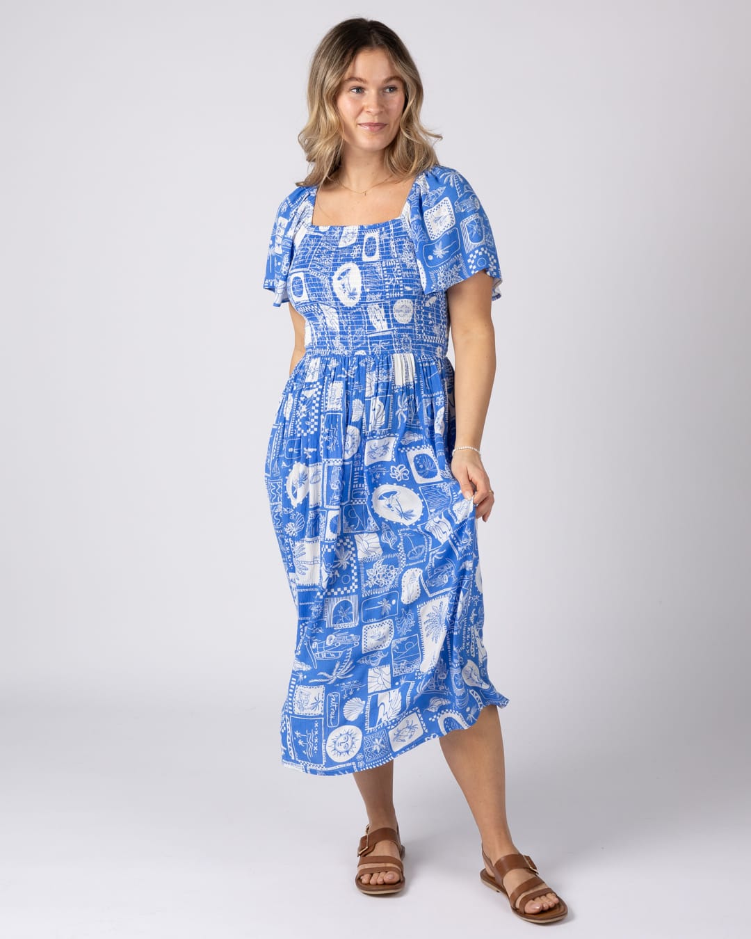 Island Tile Womens Midi Dress in Bright Blue