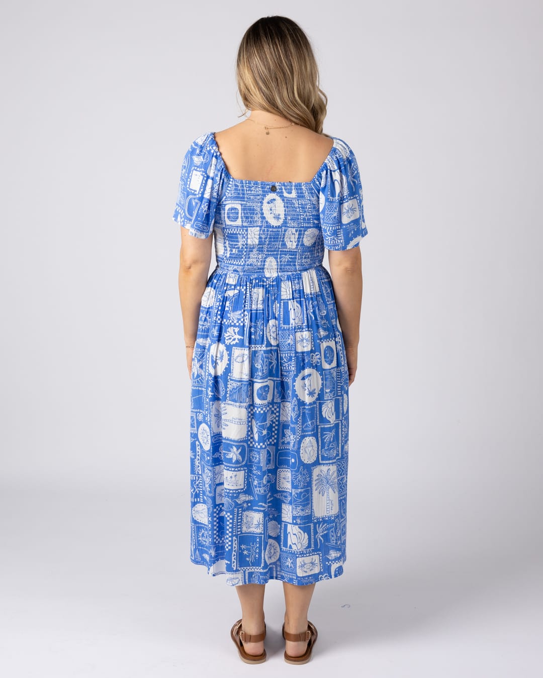 Island Tile Womens Midi Dress in Bright Blue