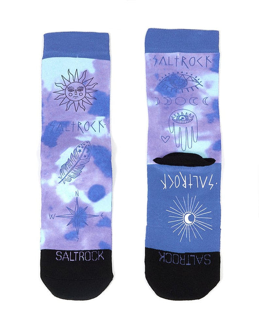 A pair of Saltrock Eclipse kids socks in dark purple and blue, featuring a tie dye effect and the word "saltrock.