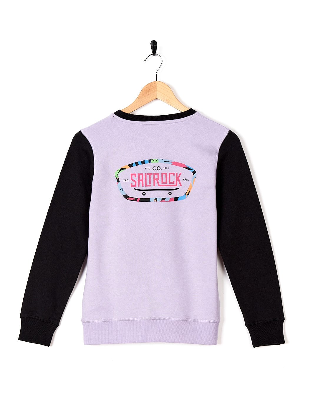 A Saltrock Elissa - Kids Crew Sweat - Light Purple sweater on a swinger.