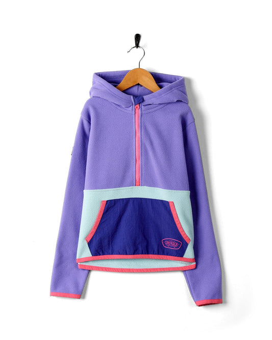 A girl's Ella - Girls 1/4 Neck Fleece - Purple hoodie from Saltrock with contrasting pink and blue accents, made from recycled material.