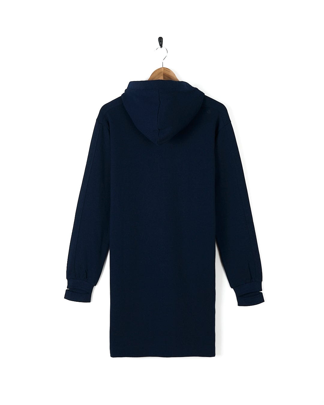 An Elsa - Womens Hooded Sweat Dress - Dark Blue, known for its comfort and style, hanging on a hanger.