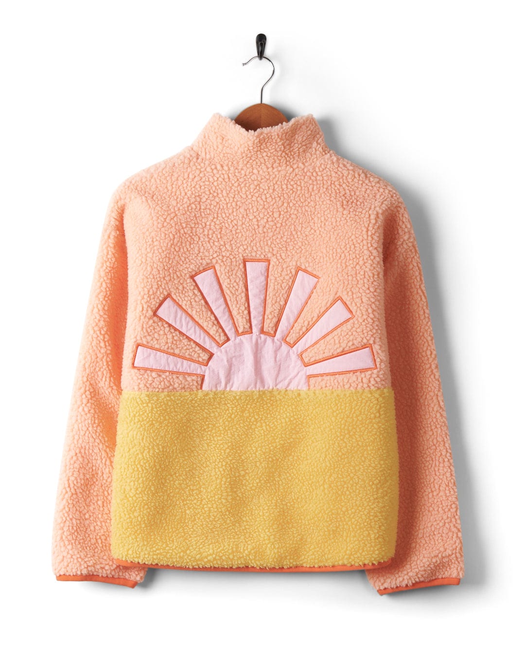 An Emery Sunshine - Womens Sherpa Fleece - Coral sweatshirt by Saltrock, featuring contrast pockets and a panel color block.