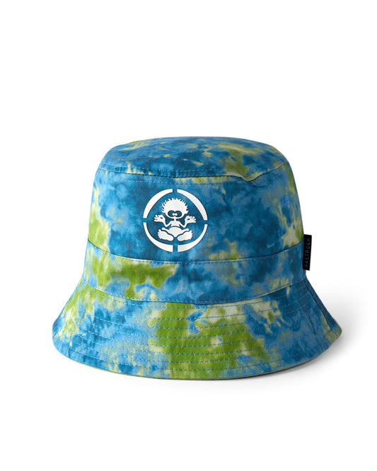 The Saltrock Fader Kids Bucket Hat in green and blue tie-dye is made from 100% cotton and features a white circular Saltrock logo with a stylized person and tree on the front.