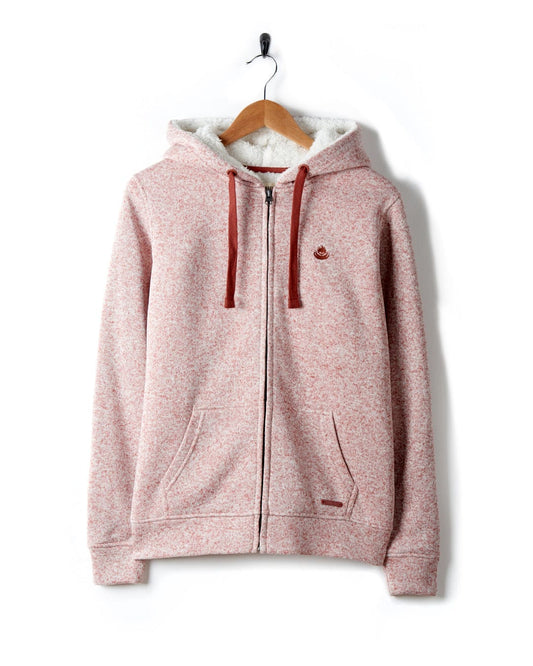 A Saltrock Farley - Womens Borg Lined Hoodie - Pink, featuring a drawstring hood, hangs on a hanger.