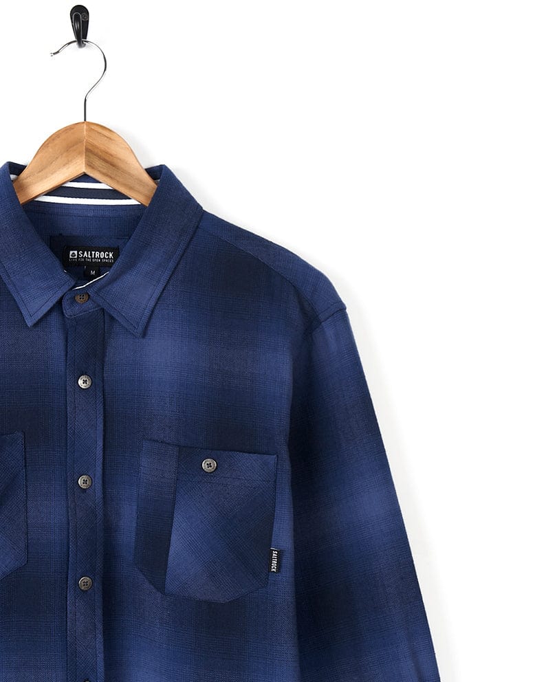 A Farris - Mens Check Shirt - Blue with Saltrock branding, made of 100% cotton.