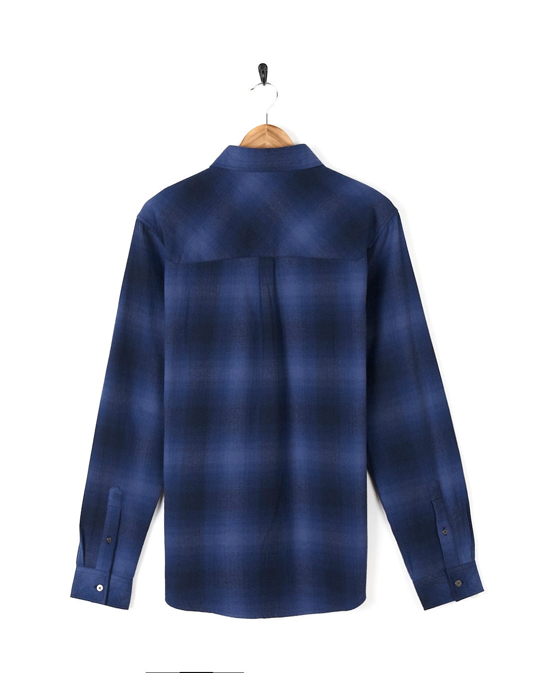 A Farris - Mens Check Shirt - Blue, made from 100% cotton fabric, hanging on a hanger. (Saltrock)