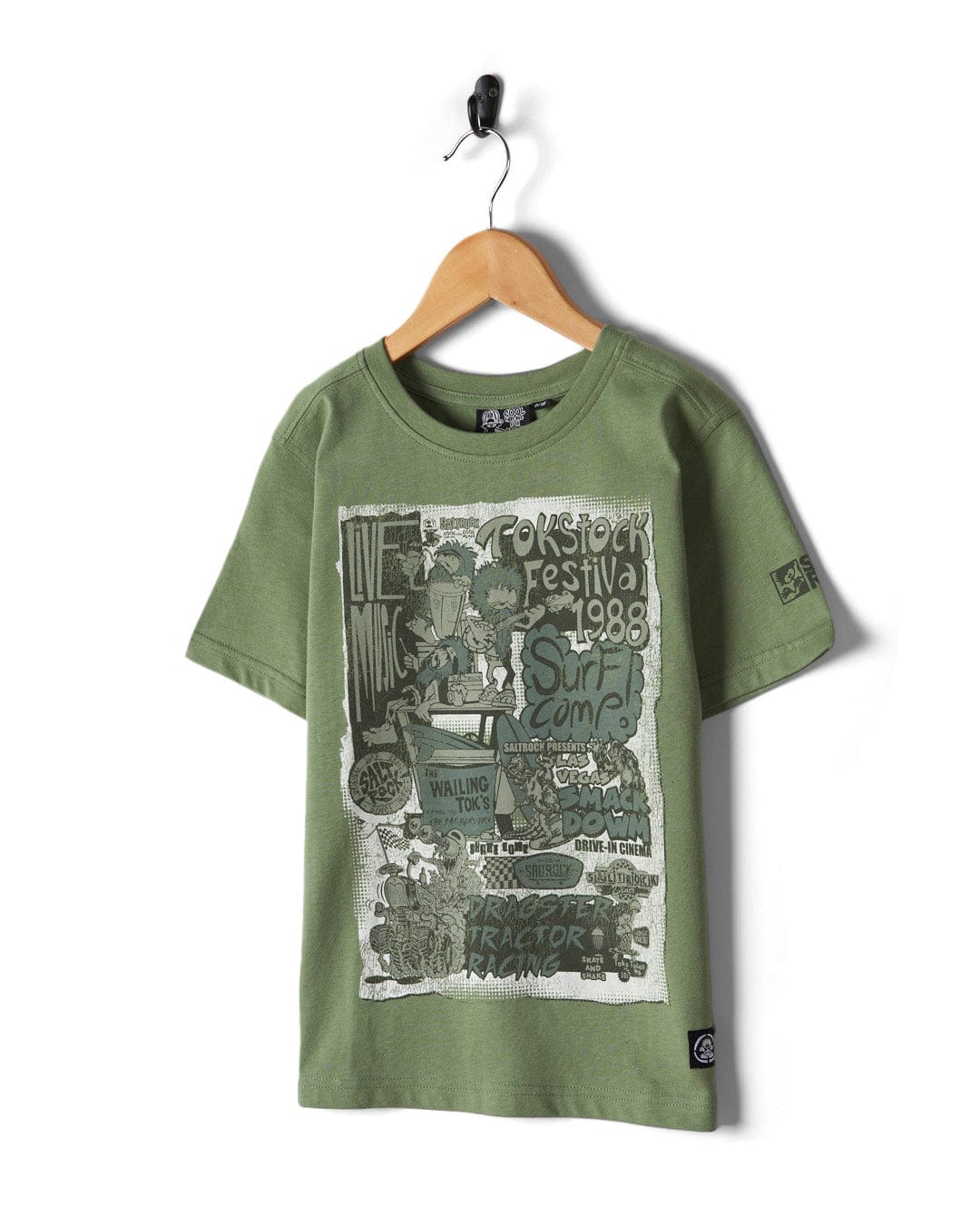 A green Festival Merch - Kids Short Sleeve T-Shirt with an image of a man and a woman by Saltrock.