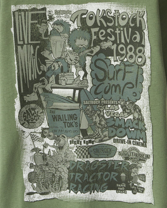 A Saltrock Festival Merch - Kids Short Sleeve T-Shirt in Green with a picture of a surf festival.