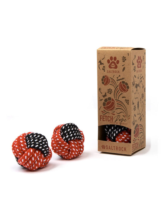Two lightweight Fetch - 3 Pack Rope Dog Balls - Red dog toys in a box.