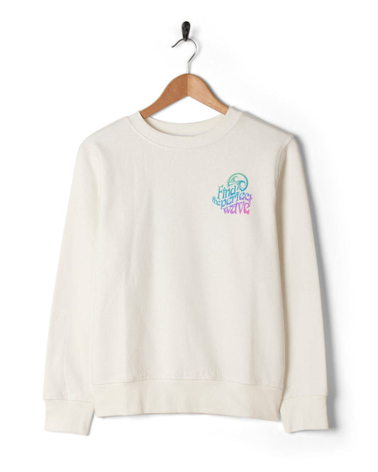 A white, 100% Cotton sweatshirt with a multi-coloured Saltrock Find The Perfect Wave slogan on it.