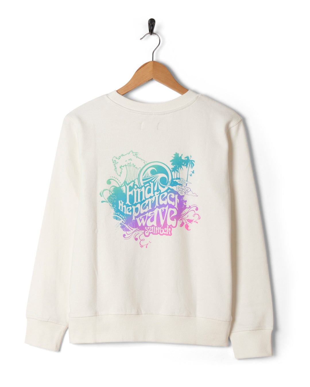 A Saltrock white sweatshirt with a "Perfect Wave" multi-colored slogan on it.