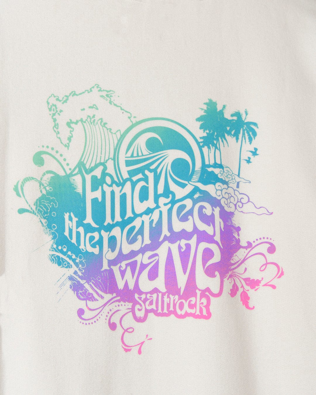 Find the Saltrock Perfect Wave tee with a multi-coloured slogan.